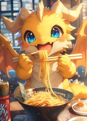 Adorable Fantasy Dragon Enjoying Ramen: Anime Art Print - Premium Wooden Framed Poster. Ready to Hang.