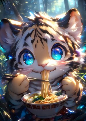 Jungle Tiger Ramen: Anime Art Print - Premium Wooden Framed Poster. Ready to Hang.