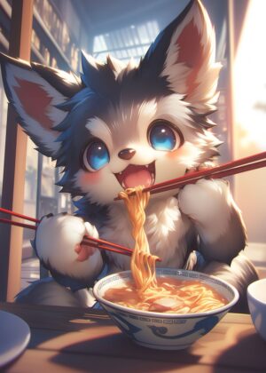 Adorable Husky Enjoying Ramen in Tokyo - Premium Wooden Framed Poster. Ready to Hang.