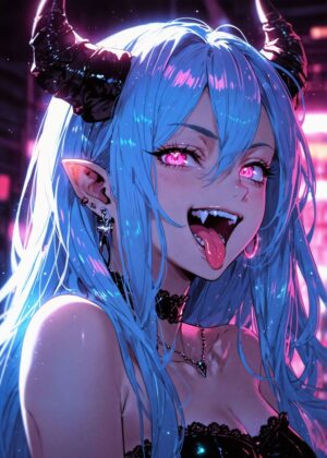 Cyberpunk Demon Girl Art Print - Premium Wooden Framed Poster. Ready to Hang.