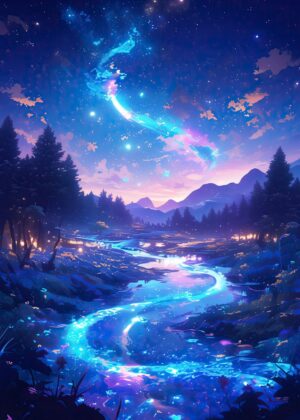 Starry Stream: A Night in the Enchanted Forest - Premium Wooden Framed Poster. Ready to Hang.