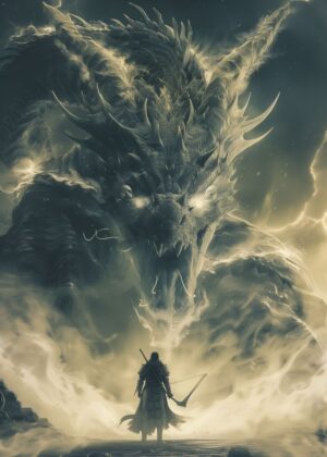 Giant Dragon in Anime-Style Mist: Epic Fantasy Artwork - Premium Wooden Framed Poster. Ready to Hang.