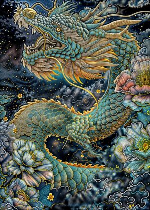 Majestic Eastern Dragon Artwork: A Breathtaking Fusion of Myth and Nature - Premium Wooden Framed Poster. Ready to Hang.