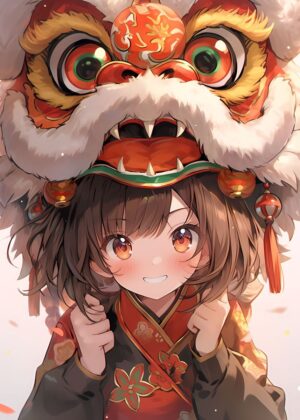 Adorable Anime Girl in Traditional Lion Dance Costume - Premium Wooden Framed Poster. Ready to Hang.