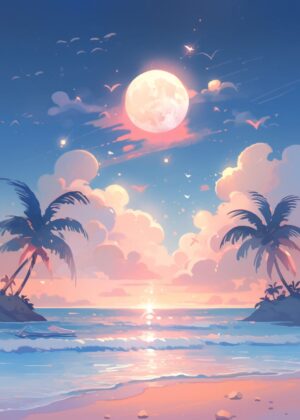 Dreamy Beach Sunset: Peaceful Tropical Paradise Artwork - Premium Wooden Framed Poster. Ready to Hang.