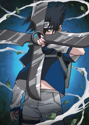 Sasuke Uchiha Artwork: Striking Pose with Unique Weapon - Premium Wooden Framed Poster. Ready to Hang.