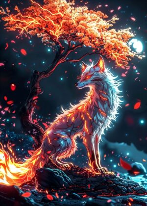 Fiery Kitsune: Mystical Fox Spirit Art Print - Premium Wooden Framed Poster. Ready to Hang.