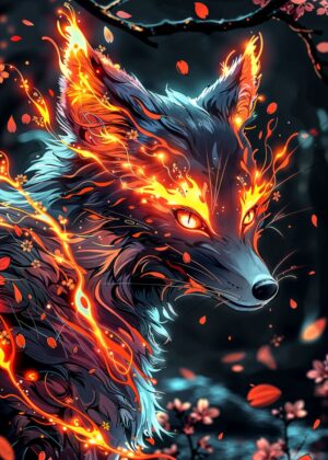 Mystical Neon Fox: A Digital Art Print - Premium Wooden Framed Poster. Ready to Hang.