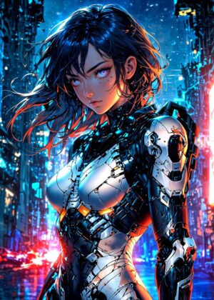 Anime Cyborg Girl: Cyberpunk Future - Premium Wooden Framed Poster. Ready to Hang.