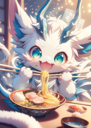 Fairytale Dragon Ramen: Whimsical Anime-Style Artwork Print - Premium Wooden Framed Poster. Ready to Hang.