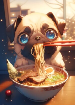 Adorable Pug Enjoying Ramen: Anime-Style Digital Art Print - Premium Wooden Framed Poster. Ready to Hang.