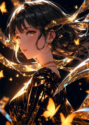 Golden Butterfly Embrace: Anime Girl Art Print - Premium Wooden Framed Poster. Ready to Hang.
