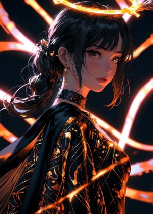 Golden Aura: Anime Girl Art Print - Premium Wooden Framed Poster. Ready to Hang.