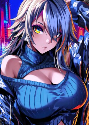Stunning Anime Girl Artwork: Vibrant Colors and Cyberpunk Cityscape - Premium Wooden Framed Poster. Ready to Hang.