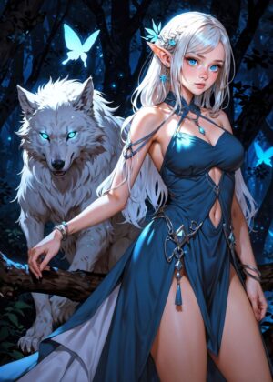Stunning Elf and Her Loyal Wolf Companion - Premium Wooden Framed Poster. Ready to Hang.