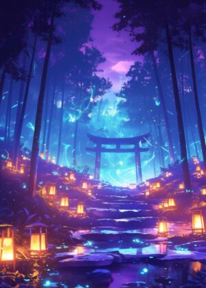 Enchanted Lanterns: A Mystical Journey Through the Forest - Premium Wooden Framed Poster. Ready to Hang.