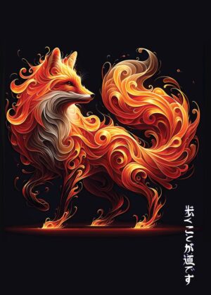 Fiery Kitsune: Blood Moon Art Print - Premium Wooden Framed Poster. Ready to Hang.