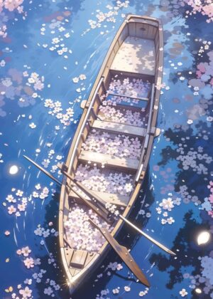 Little Love Boat Anime Art Print: Serenity and Spring Blossoms - Premium Wooden Framed Poster. Ready to Hang.
