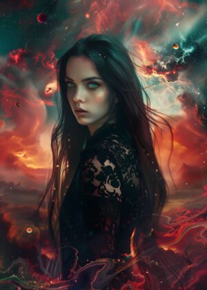 Cosmic Beauty: Anime Black Hair Woman Art Print - Premium Wooden Framed Poster. Ready to Hang.