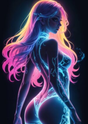 Neon Dreams: Cyberpunk Waifu Art Print - Premium Wooden Framed Poster. Ready to Hang.