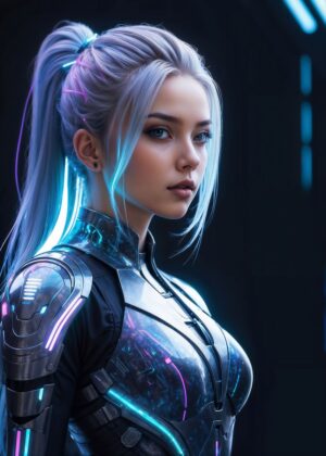 Cyberpunk Anime Girl: Futuristic Beauty - Premium Wooden Framed Poster. Ready to Hang.