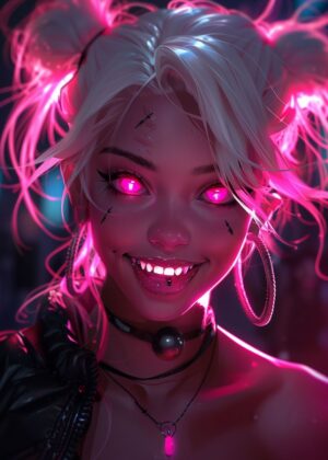 Cyberpunk Demon Girl: Neon Dreams Art Print - Premium Wooden Framed Poster. Ready to Hang.