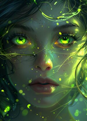 Green Glow Charm: Enchanting Digital Art Print - Premium Wooden Framed Poster. Ready to Hang.