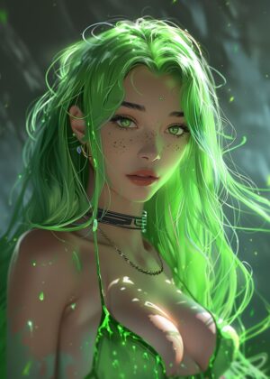 Vibrant Green Hair Fantasy Girl Art Print - Premium Wooden Framed Poster. Ready to Hang.