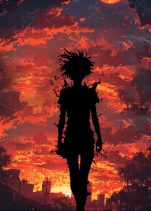 Sunset Melancholy: A Boy's Silhouette at Dusk - Premium Wooden Framed Poster. Ready to Hang.