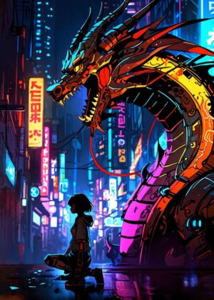 Cyberpunk Dragon and Girl: Neon City Dreams - Premium Wooden Framed Poster. Ready to Hang.