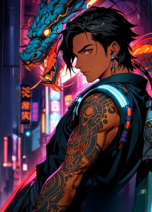 Cyberpunk Anime Boy with Dragon Spirit - Premium Wooden Framed Poster. Ready to Hang.