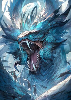 Majestic Blue Water Dragon Fantasy Art Print - Premium Wooden Framed Poster. Ready to Hang.