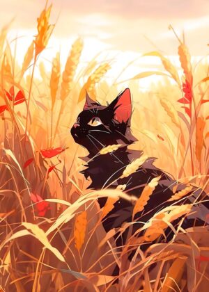 Black Cat in Golden Wheat Field - Premium Wooden Framed Poster. Ready to Hang.