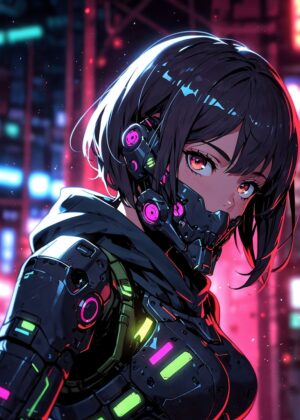 Neon Cyber Assassin: Digital Art Print - Premium Wooden Framed Poster. Ready to Hang.