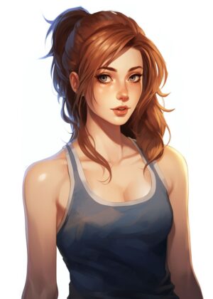 Anime Girl with Freckles and High Ponytail - Premium Wooden Framed Poster. Ready to Hang.