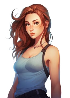 Anime Girl with Freckles and Long Brown Hair - Premium Wooden Framed Poster. Ready to Hang.