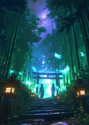 Mystical Path: A Journey Through the Enchanted Bamboo Forest - Premium Wooden Framed Poster. Ready to Hang.