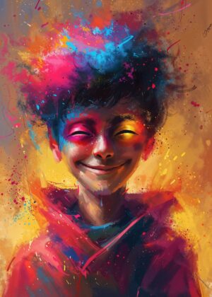 Joyful Burst of Color: A Vibrant Portrait - Premium Wooden Framed Poster. Ready to Hang.