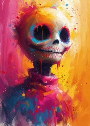 Vibrant Day of the Dead Skull Art Print - Premium Wooden Framed Poster. Ready to Hang.
