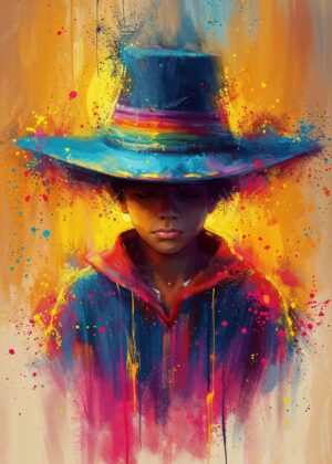 Somber Cowboy: A Vibrant Portrait of Youth and Introspection - Premium Wooden Framed Poster. Ready to Hang.