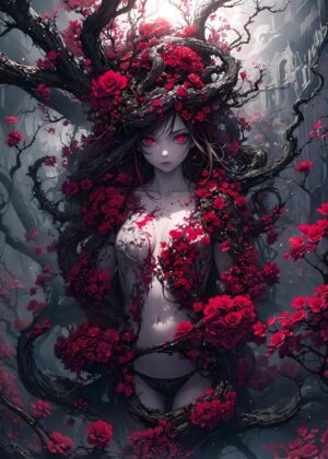 Crimson Bloom: A Dark Fantasy Artwork - Premium Wooden Framed Poster. Ready to Hang.