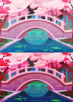 Serene Sakura Bridge: Day and Night - Premium Wooden Framed Poster. Ready to Hang.