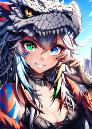 Fierce Dino Anime Girl Art Print - Premium Wooden Framed Poster. Ready to Hang.