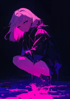 Neon Pink Anime Girl Art Print - Premium Wooden Framed Poster. Ready to Hang.