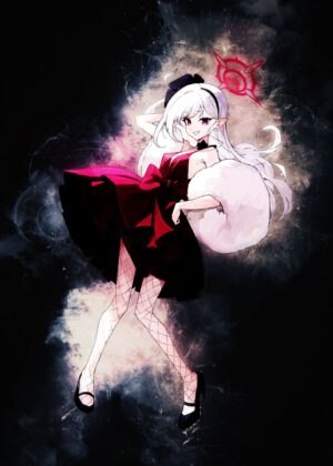 Cute Anime Girl in Red Dress: Digital Art Print - Premium Wooden Framed Poster. Ready to Hang.