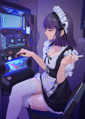 Anime Maid Girl Artwork: Mysterious Night - Premium Wooden Framed Poster. Ready to Hang.