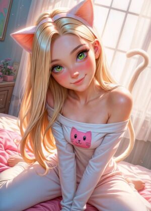 Adorable Cat Girl Artwork: Digital Painting - Premium Wooden Framed Poster. Ready to Hang.