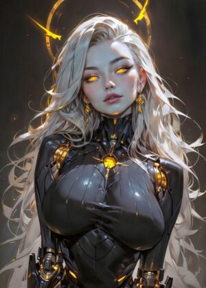 Cyberpunk Angel: Digital Art Print - Premium Wooden Framed Poster. Ready to Hang.