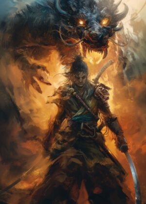 Samurai Dragon Fire Battle Art Print - Premium Wooden Framed Poster. Ready to Hang.