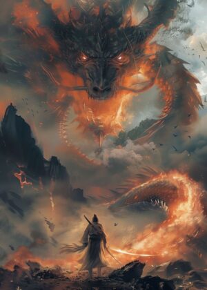 Fiery Dragon & Samurai Showdown: Asian Fantasy Art - Premium Wooden Framed Poster. Ready to Hang.